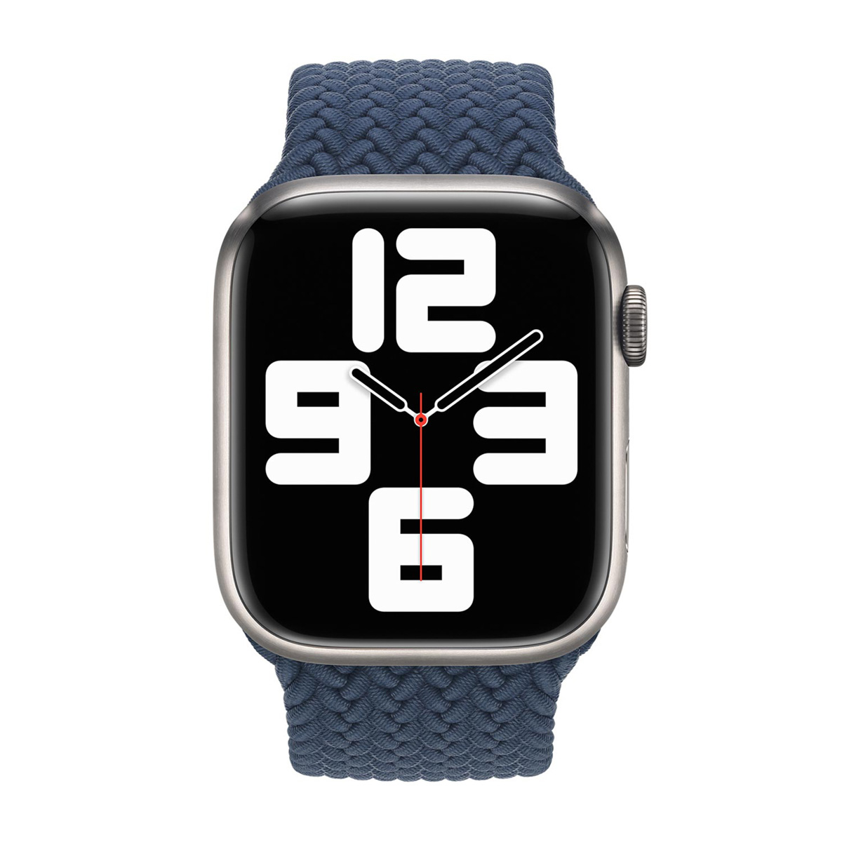 Srebrny Apple Watch z niebieskim plecionym paskiem. Tarcza pokazuje godzinę 9:16. Tło jest białe.