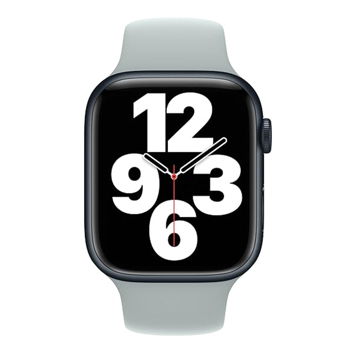Een Apple Watch met een lichtgrijze band. Het zwarte scherm toont grote witte cijfers 12, 9, 3 en 6. Minuten- en uurwijzers zijn zichtbaar.