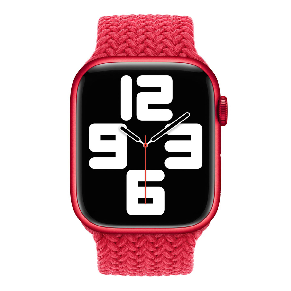 Een rode Apple Watch met een rode gevlochten band, met de tijd op een zwart scherm. De cijfers zijn wit.