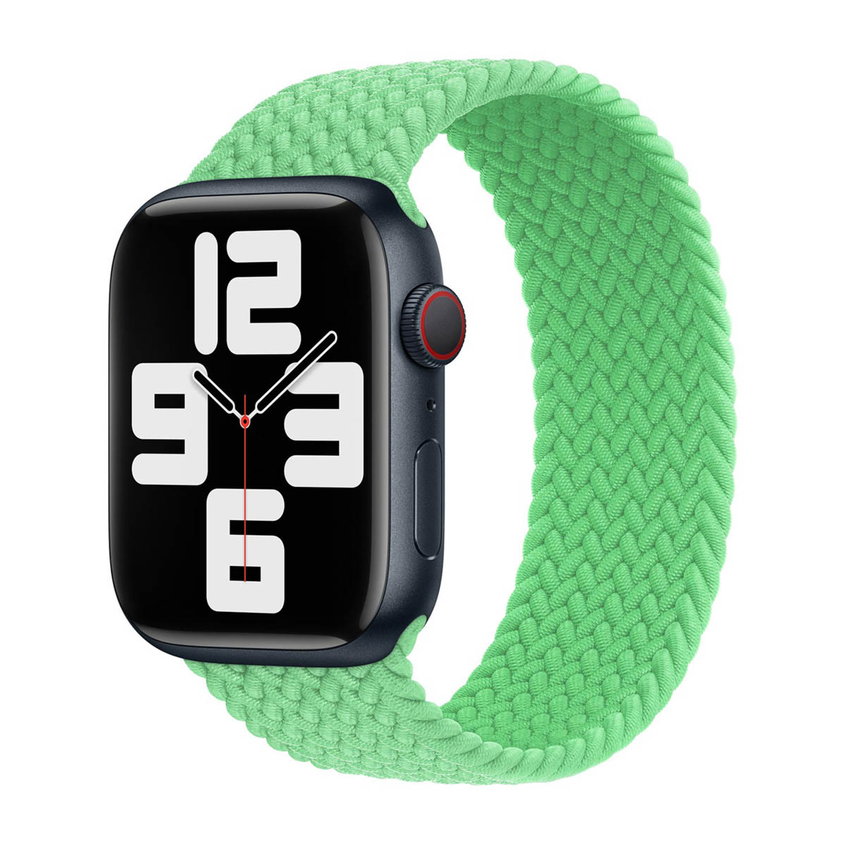 Een donkere smartwatch met een groene gevlochten band. De wijzerplaat toont de tijd. De band is om het horloge geslagen.