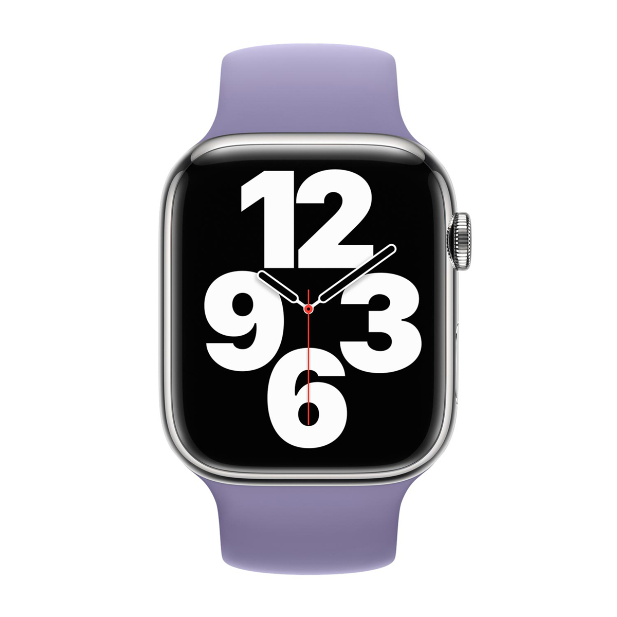 Zilveren Apple Watch met een lavendelkleurige band, die de tijd weergeeft. De cijfers 12, 3, 6 en 9 zijn prominent op een zwart scherm.