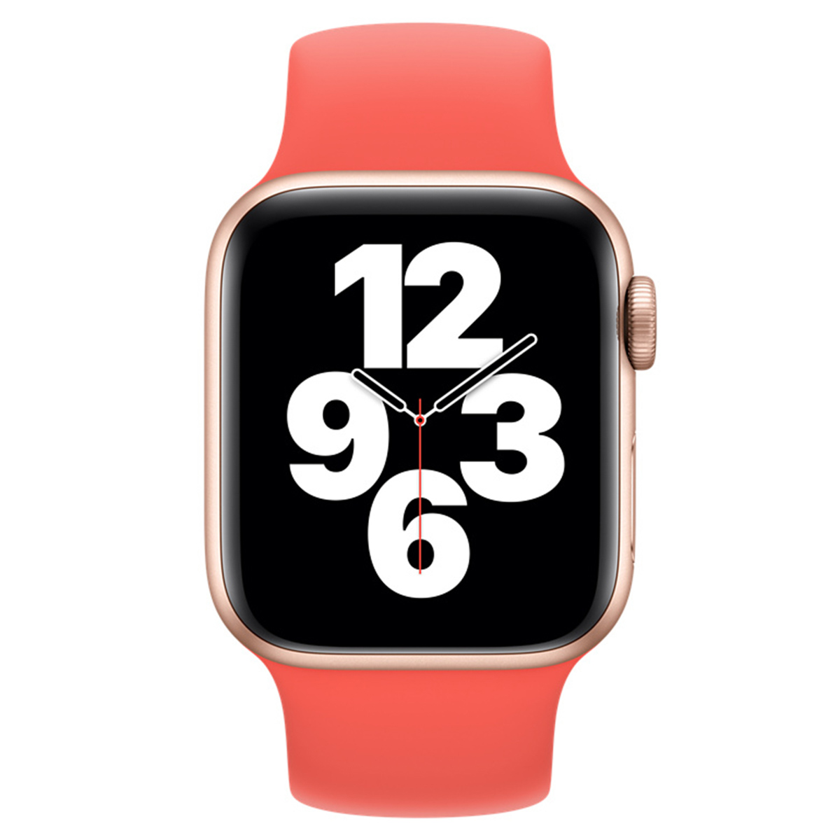 Een Apple Watch met een koraalrode band. De wijzerplaat is zwart met witte cijfers. De behuizing is goud.
