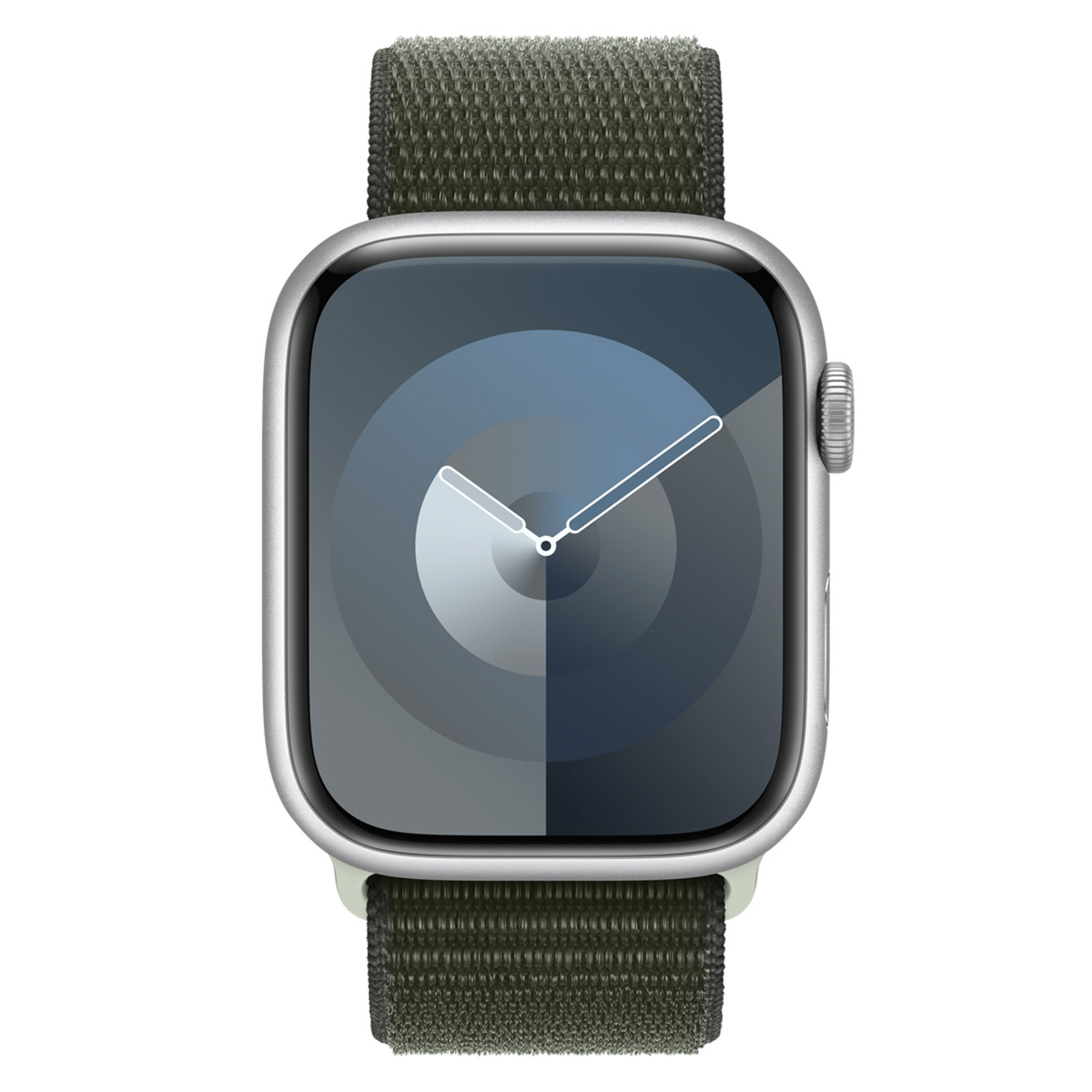 Zilveren Apple Watch met groene stoffen band. De wijzerplaat toont een verloop en witte wijzers.