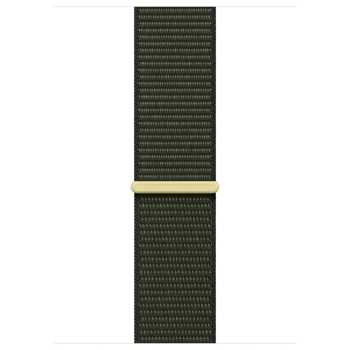 A dark green watch band with a light yellow clasp. The band has a woven texture. The background is white.