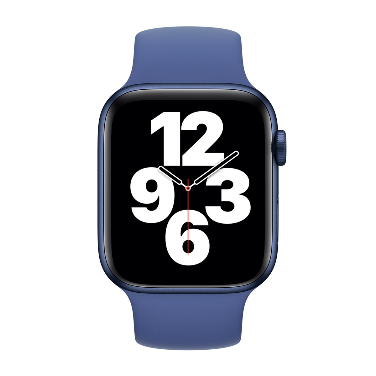 Een blauwe Apple Watch met een zwart scherm dat de tijd weergeeft. De cijfers 12, 9, 6 en 3 zijn wit zichtbaar.