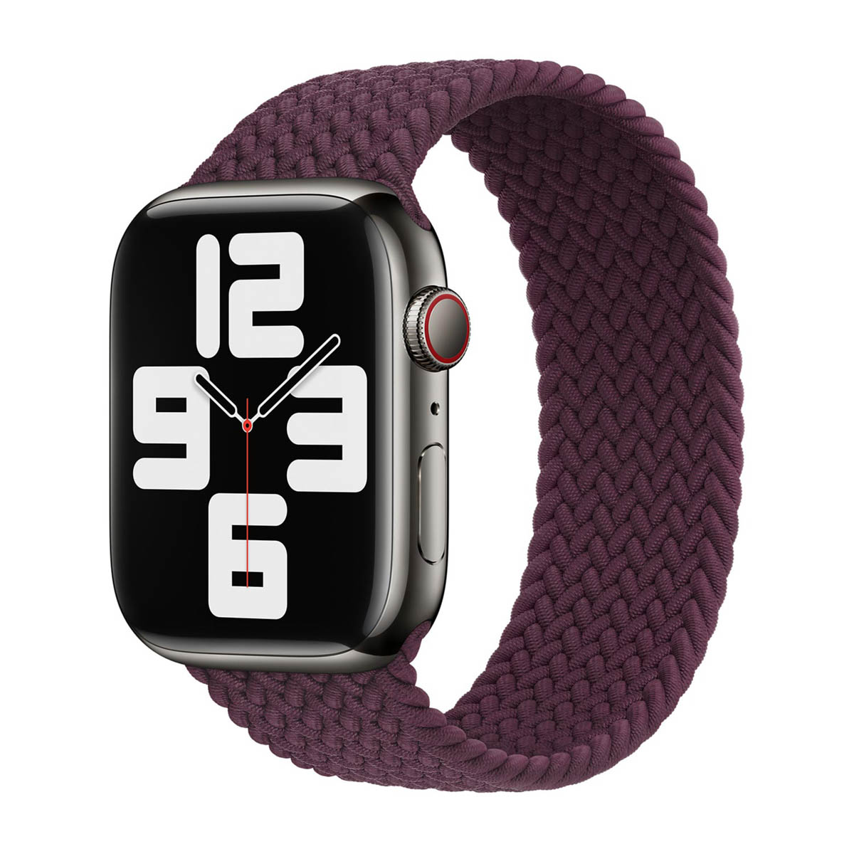 Een Apple Watch met een donkere metalen kast en een donkerpaarse gevlochten band. De wijzerplaat toont de tijd. De achtergrond is wit.