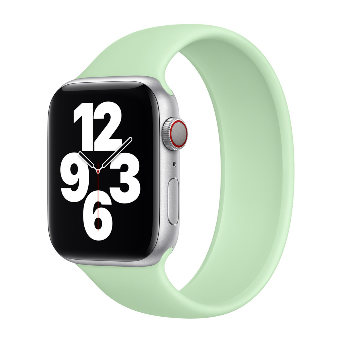 Zilveren Apple Watch met een lichtgroene band. De wijzerplaat toont de tijd. De band is om het horloge geslagen.