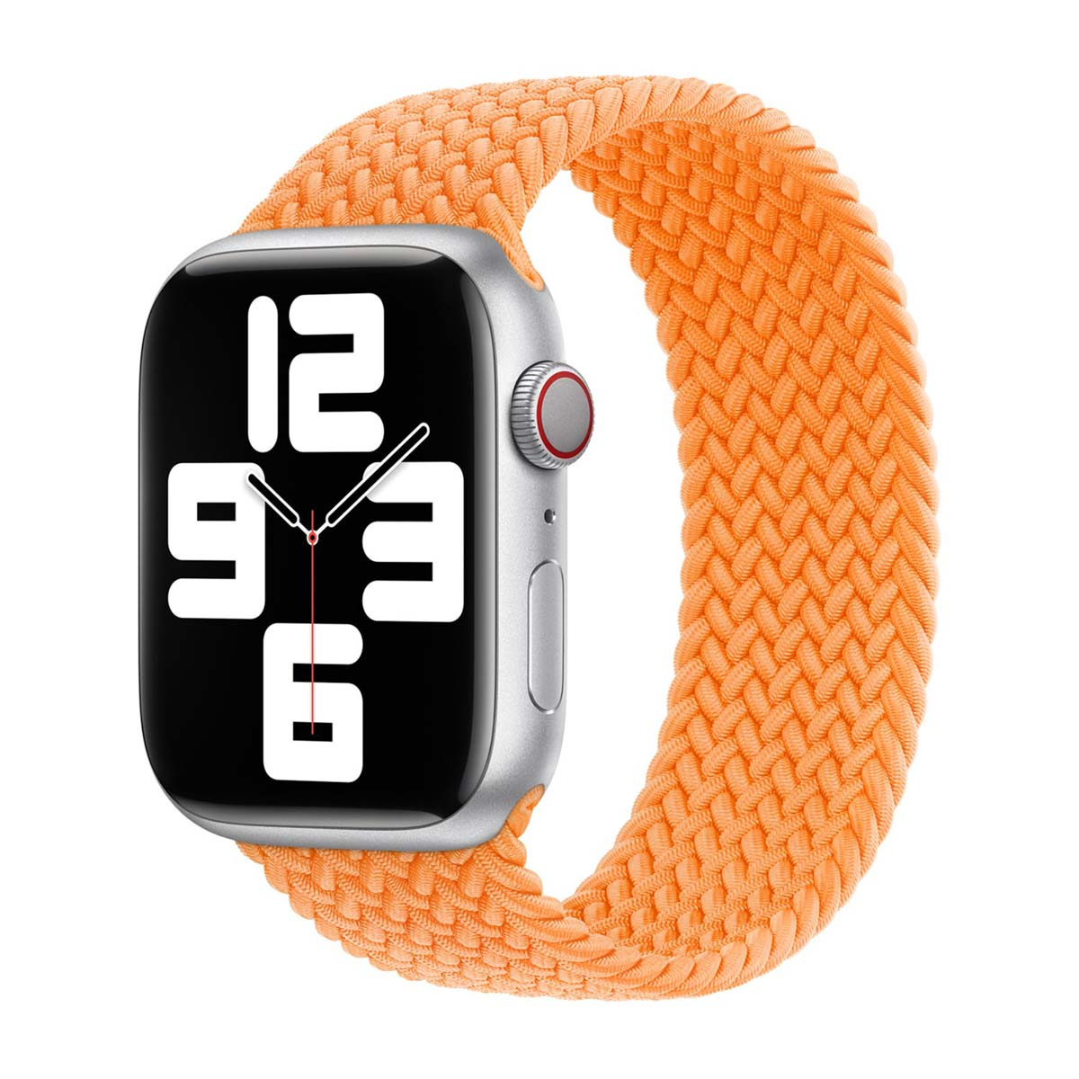 Zilveren Apple Watch met oranje gevlochten solo loop. De wijzerplaat toont de tijd. Geïsoleerd op witte achtergrond.