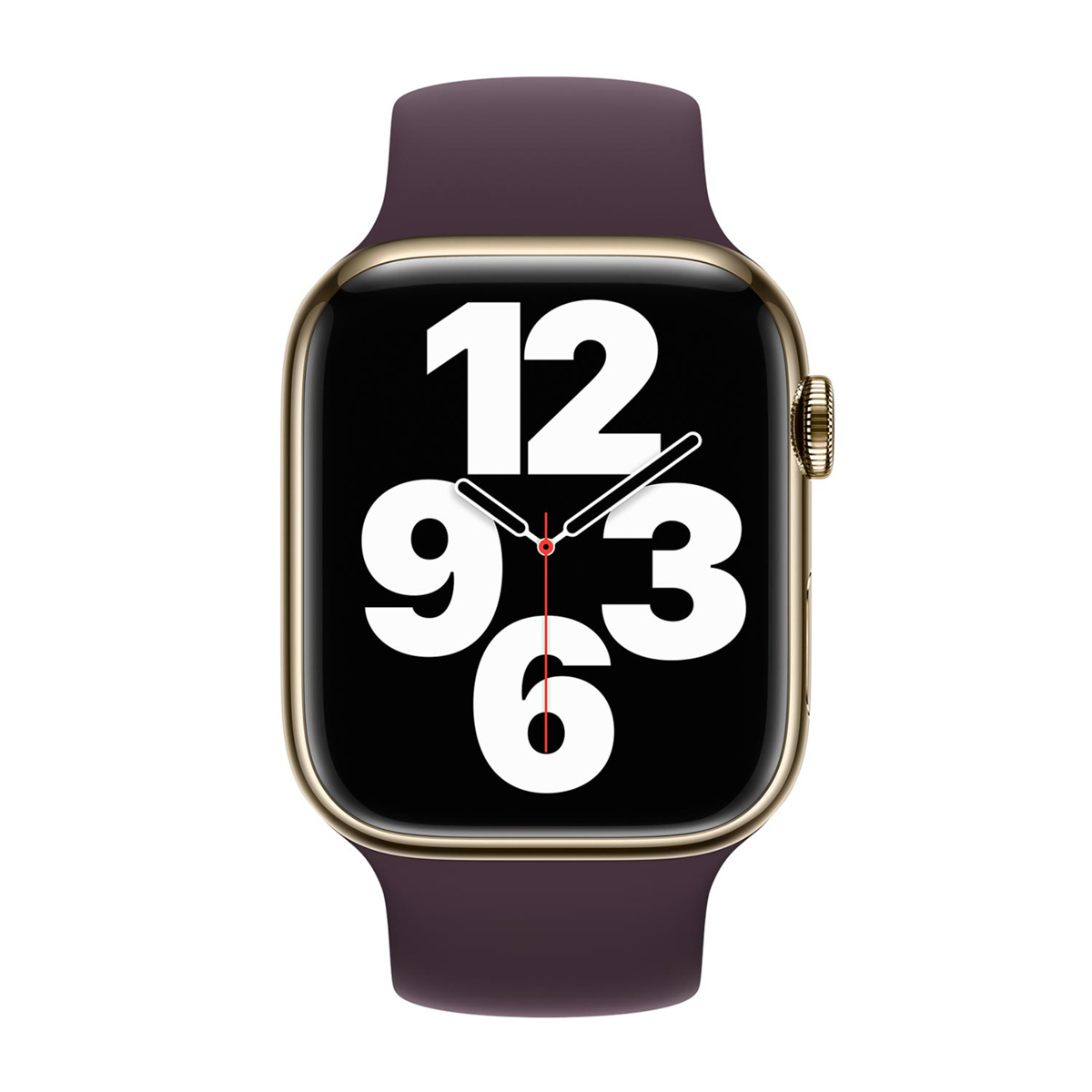 Apple Watch dorato con cinturino viola scuro. Il quadrante mostra i numeri 12, 3, 6 e 9 in bianco su sfondo nero.