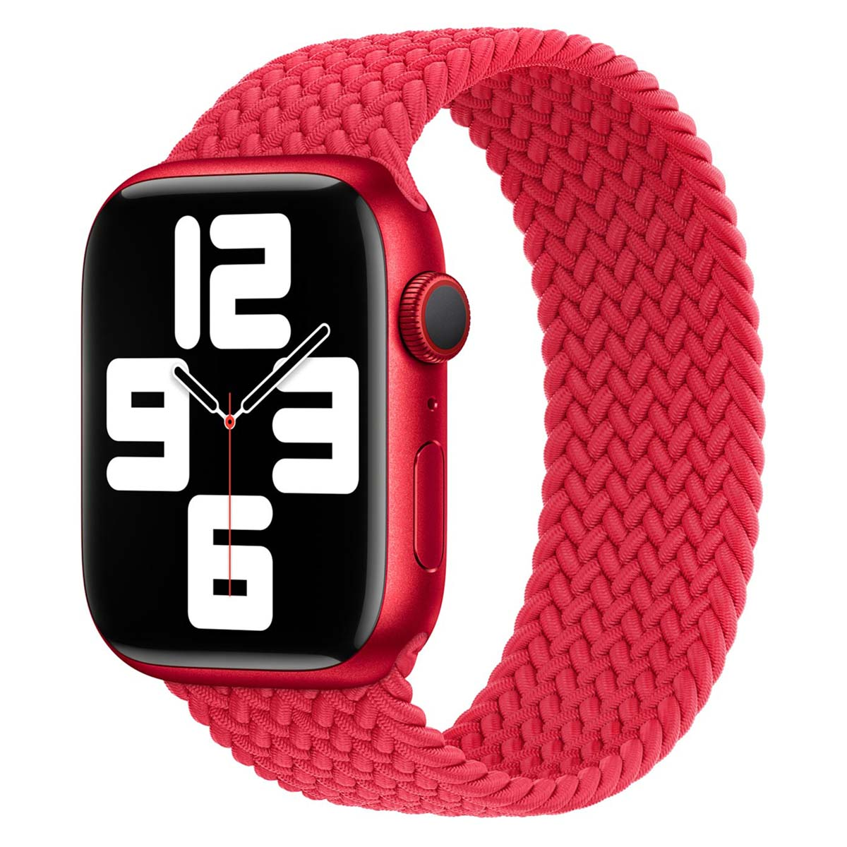 Apple Watch rouge avec un bracelet rouge tressé. Le cadran affiche l'heure. Le fond est blanc.