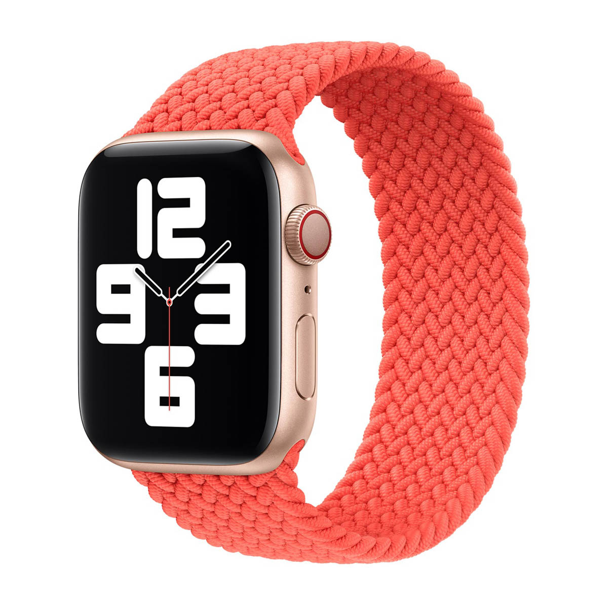 Une Apple Watch dorée avec un bracelet solo tressé corail. Le cadran affiche l'heure. Le fond est blanc.