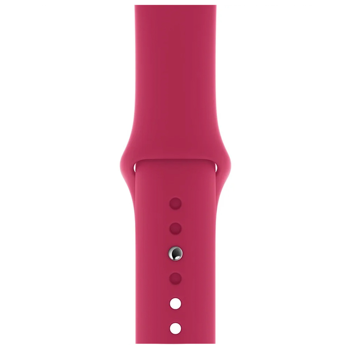 Gros plan d'un bracelet de montre magenta. Il a une boucle avec des trous et une goupille pour la fermeture. Le fond est blanc.