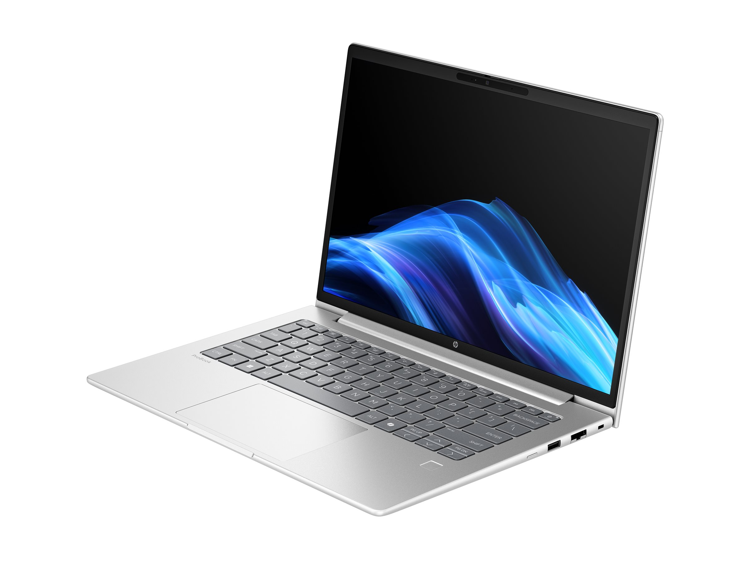 Laptop argentato con schermo nero che mostra arte astratta blu. Tastiera visibile. Sfondo bianco.