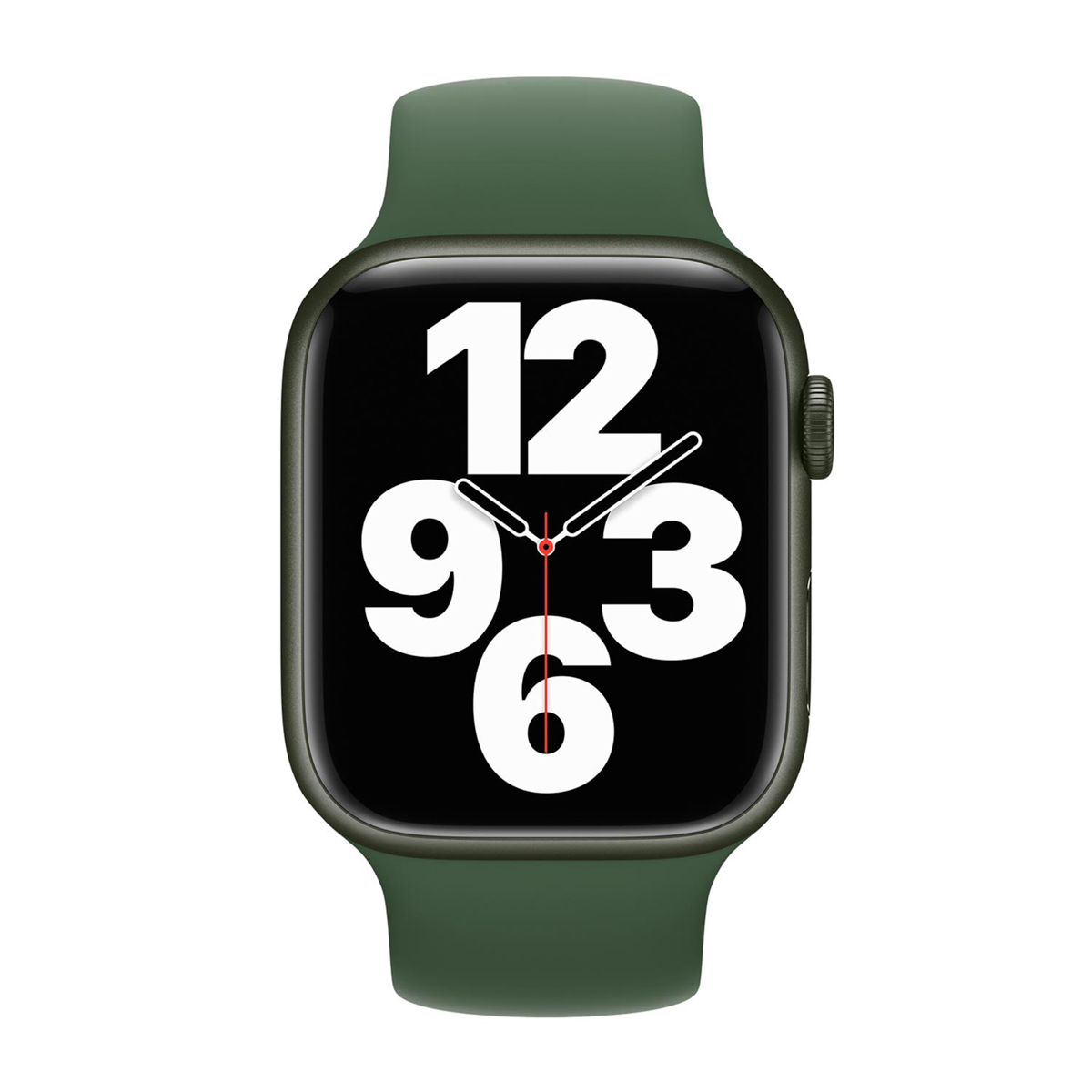 Un Apple Watch verde con schermo nero che mostra l'ora. L'orologio ha numeri bianchi e un cinturino verde.