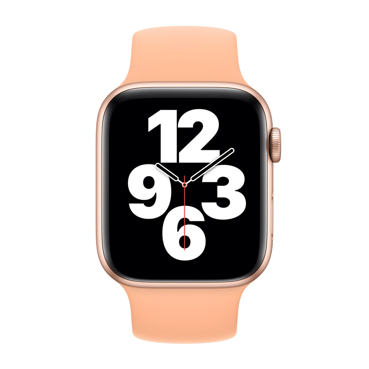 Apple Watch z brzoskwiniowym paskiem. Tarcza wyświetla białe cyfry 12, 9, 6 i 3 na czarnym tle.