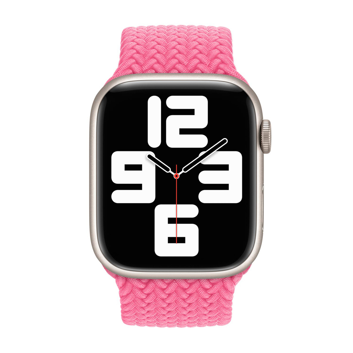 Un Apple Watch argentato con cinturino rosa intrecciato. Il quadrante mostra l'ora, numeri neri su sfondo nero.