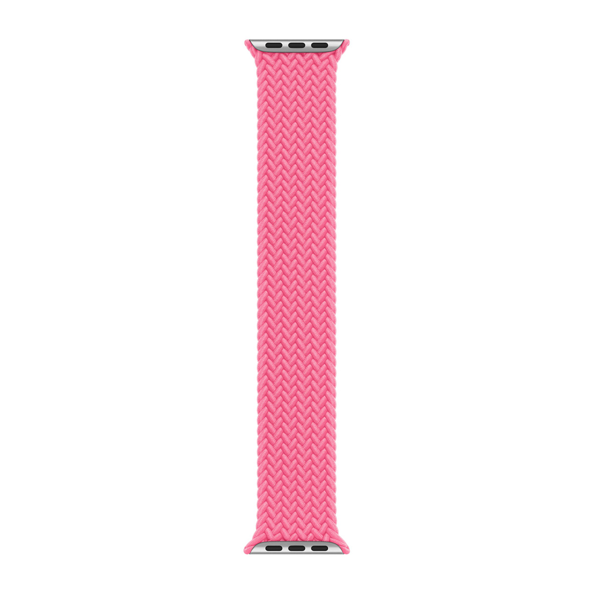 Un cinturino rosa per Apple Watch. È un design intrecciato e intrecciato con connettori argentati a ciascuna estremità, su sfondo bianco.