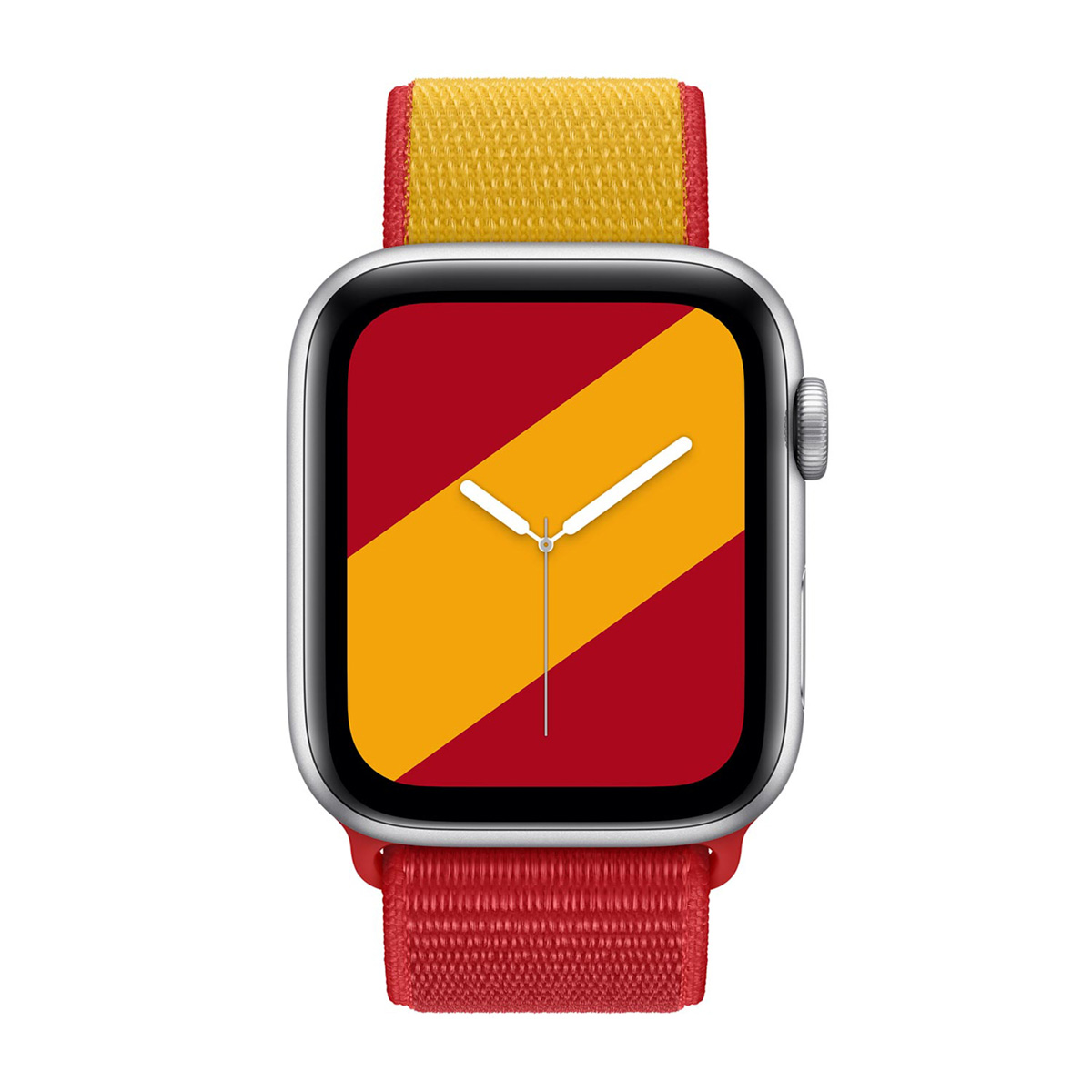 Apple Watch con cinturino rosso e giallo. Il quadrante mostra la bandiera spagnola. È visibile una cassa dell'orologio argentata.
