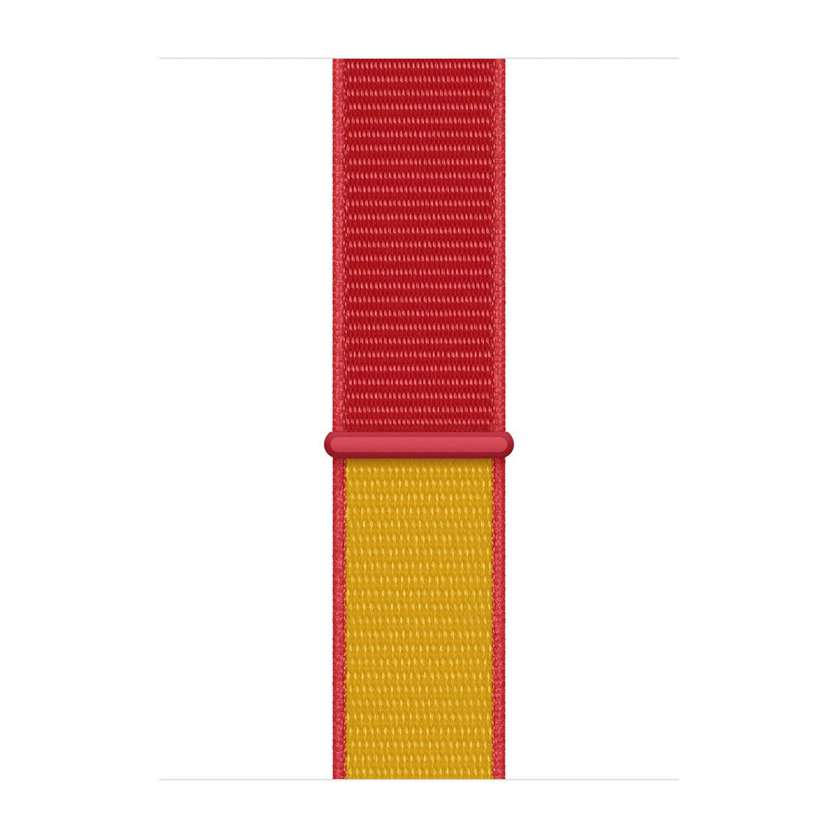 Un cinturino con sezione superiore rossa e inferiore gialla, collegato da un fermaglio rosso. Lo sfondo è bianco.