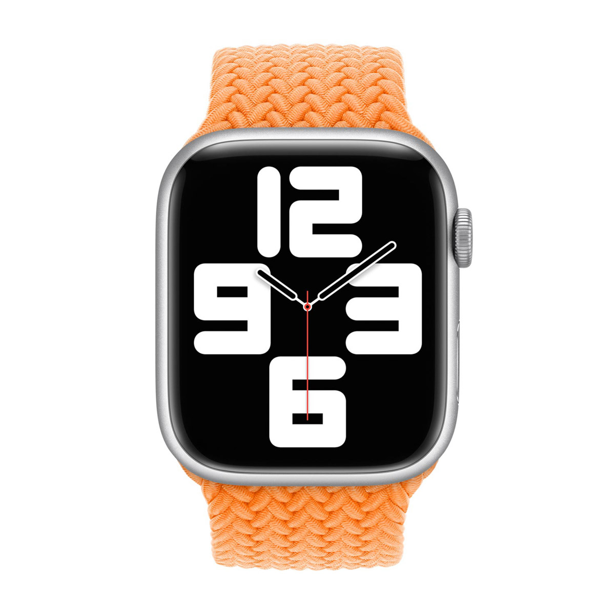 Un Apple Watch con cinturino arancione. Il quadrante mostra l'ora, sfondo nero, numeri bianchi.