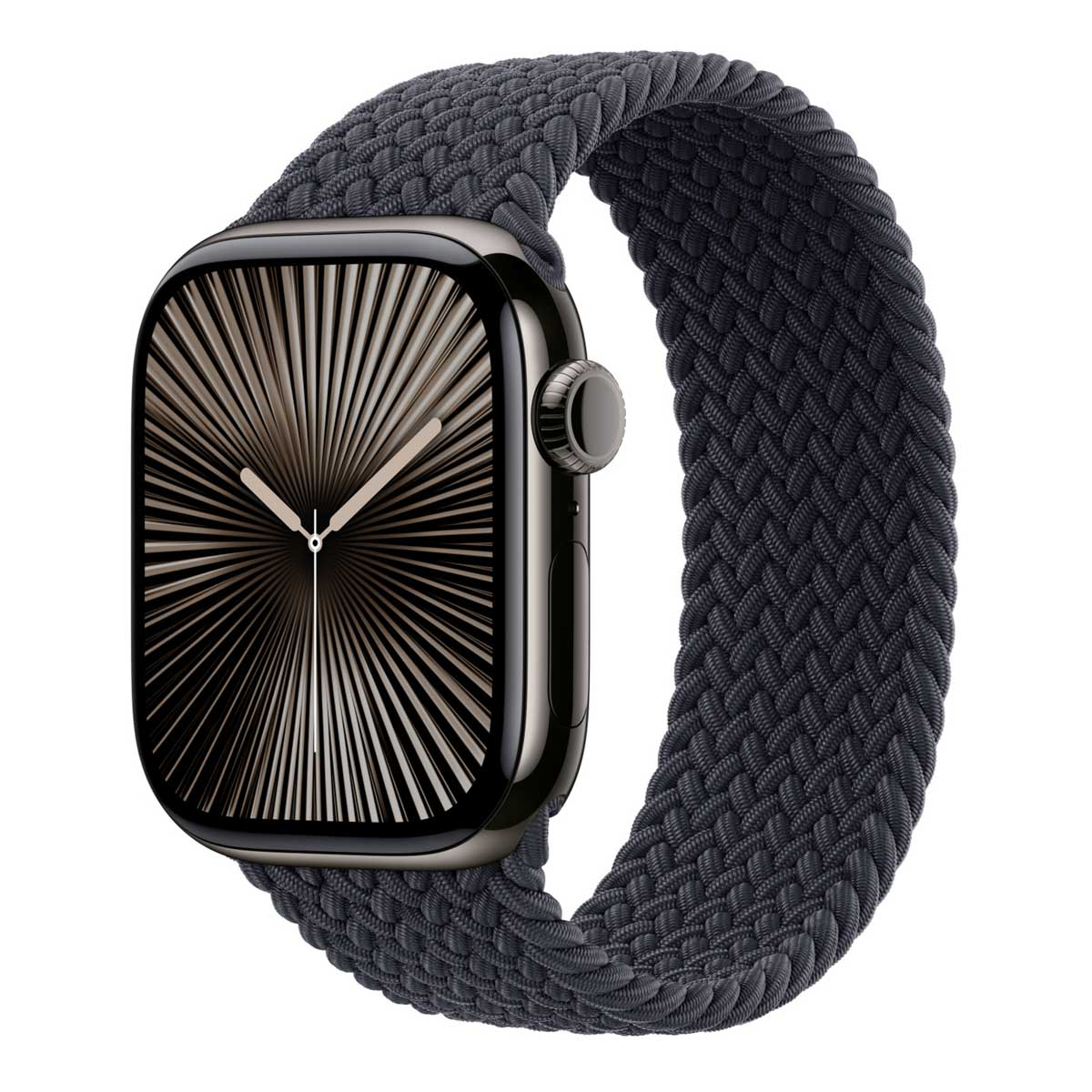 Een donkergrijze Apple Watch met een gevlochten band. De wijzerplaat toont stralende lijnen en wijzers.