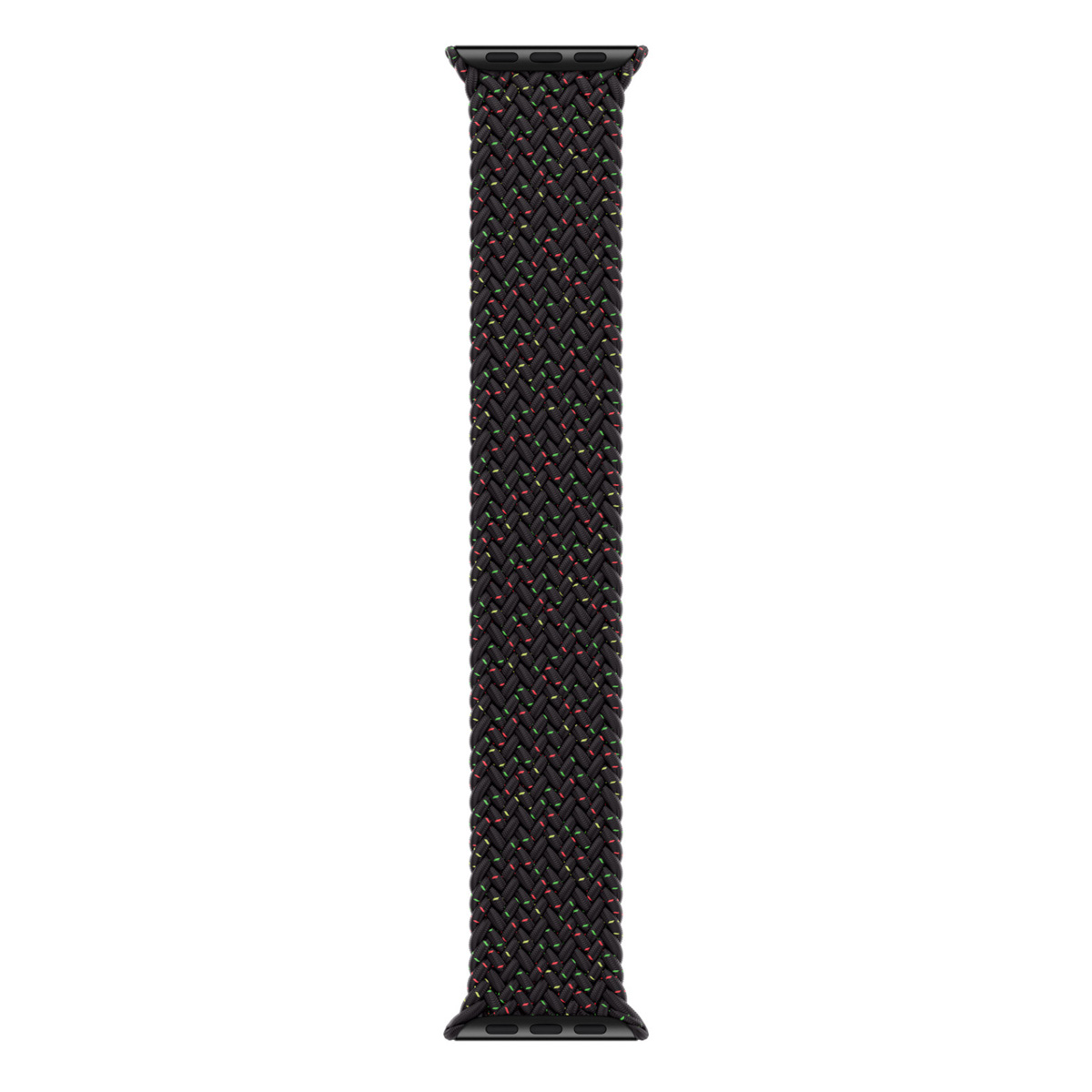 Primo piano di un cinturino nero per Apple Watch. Presenta un design intrecciato con accenti rossi, verdi e gialli su sfondo nero.