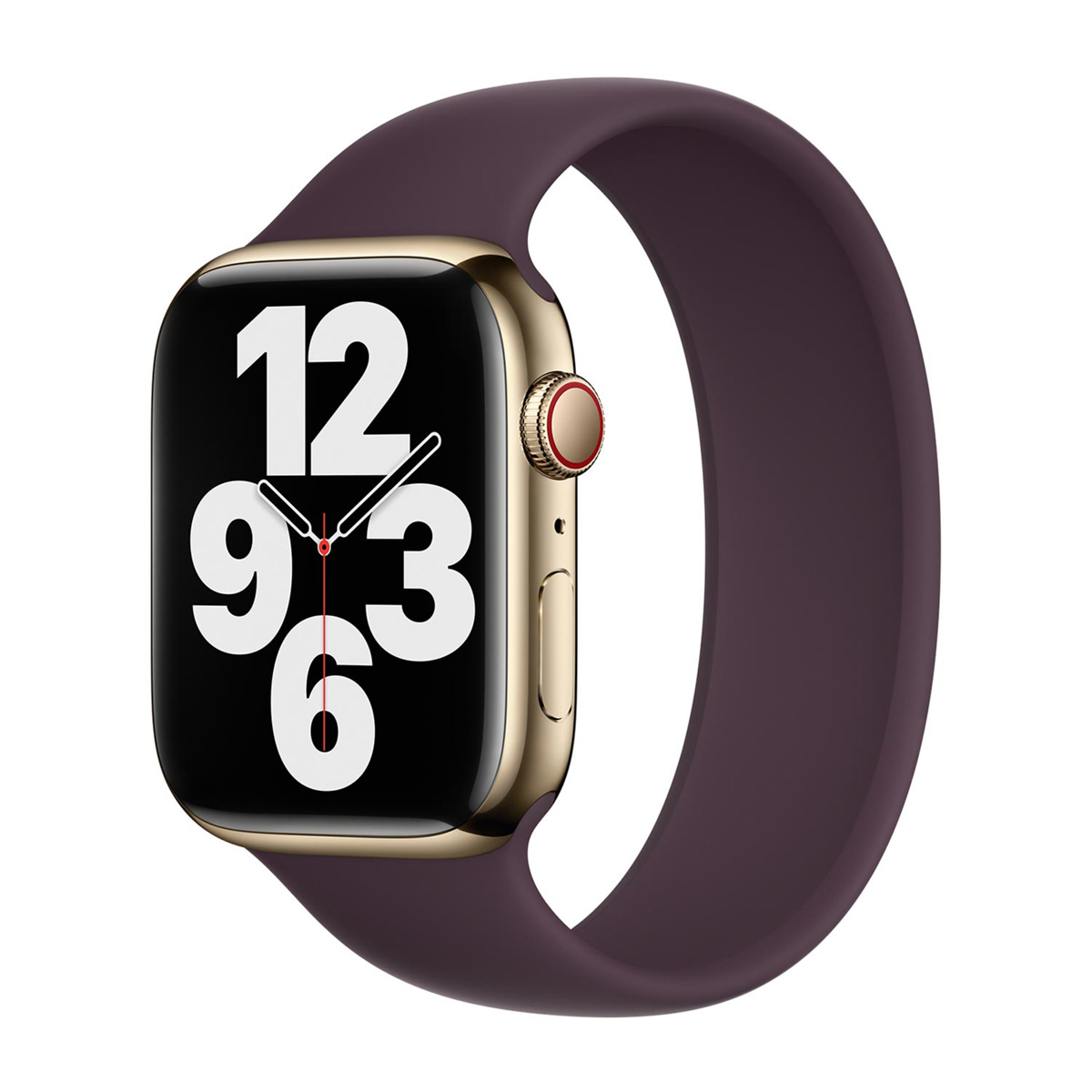 Apple Watch dorée avec bracelet violet foncé. Le cadran affiche l'heure. Le fond est blanc.