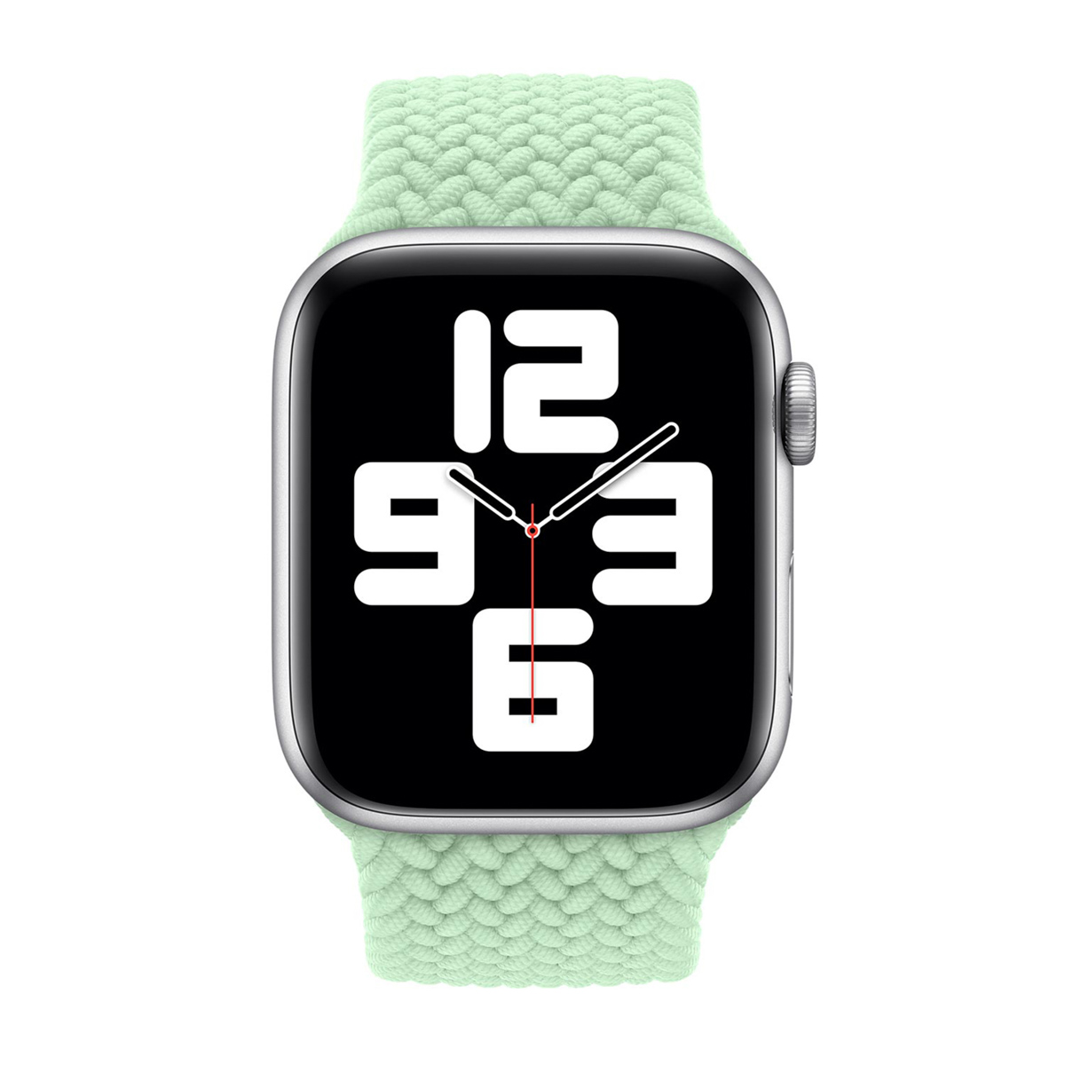 Apple Watch con cassa argentata e cinturino intrecciato verde menta. Il quadrante mostra l'ora, sfondo nero.