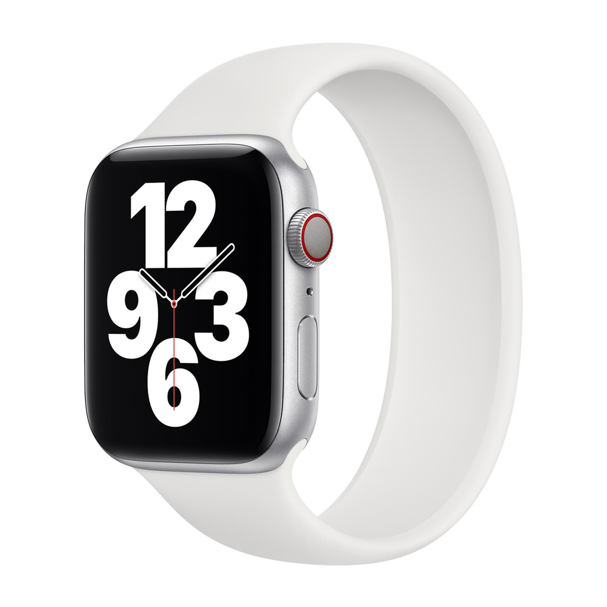 Zilveren Apple Watch met een witte band, die de tijd 12:09:36 weergeeft op een zwart scherm. De zijknop heeft een rode ring.