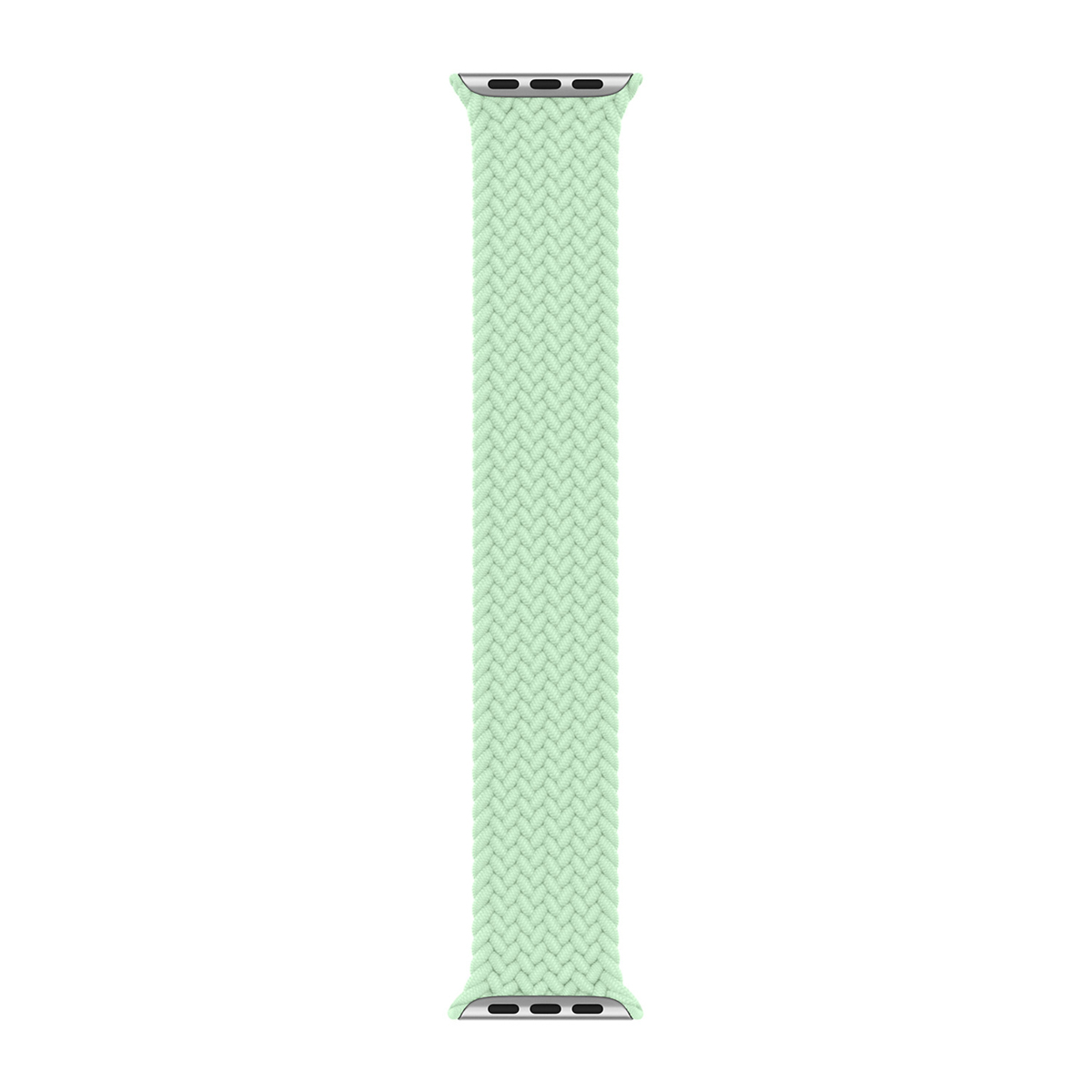 Un cinturino Apple Watch verde chiaro. È realizzato in materiale intrecciato. Il cinturino ha connettori argentati e uno sfondo bianco.