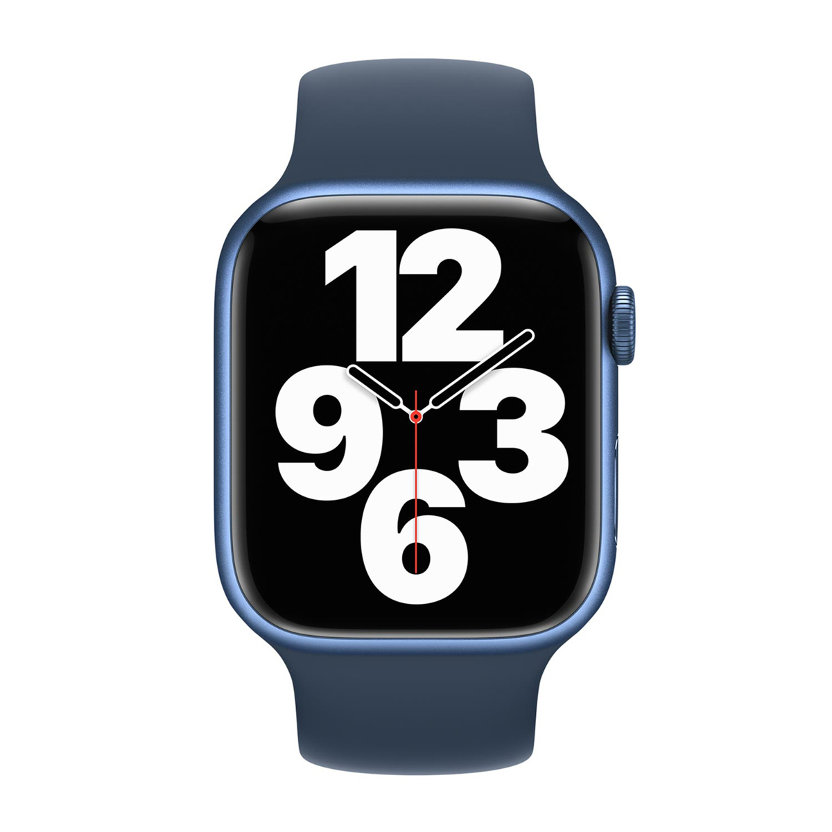 Une Apple Watch bleue avec un écran noir affichant l'heure. La montre a un bracelet bleu et un fond blanc.