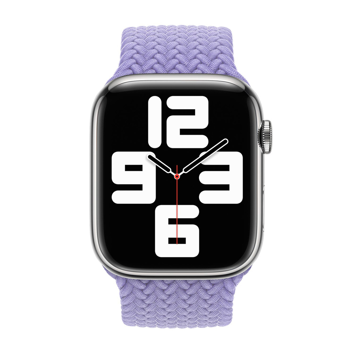 Apple Watch argentée avec un bracelet solo loop tressé lavande. Le cadran affiche l'heure avec de grands chiffres blancs.