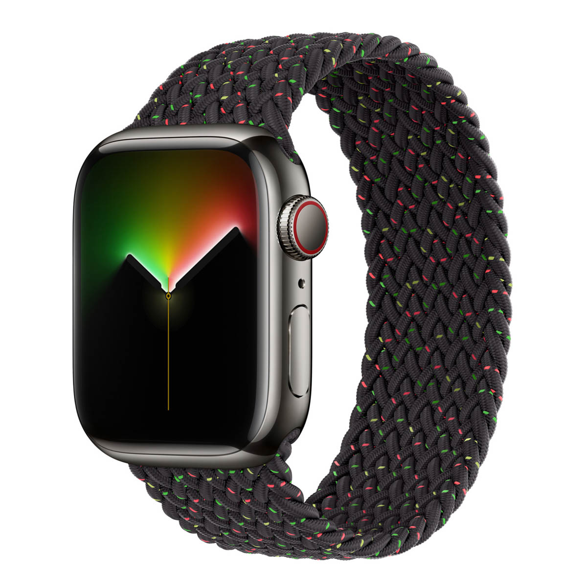 Apple Watch met een zwarte gevlochten band en een kleurrijk display. De band heeft groene, rode en gele accenten.