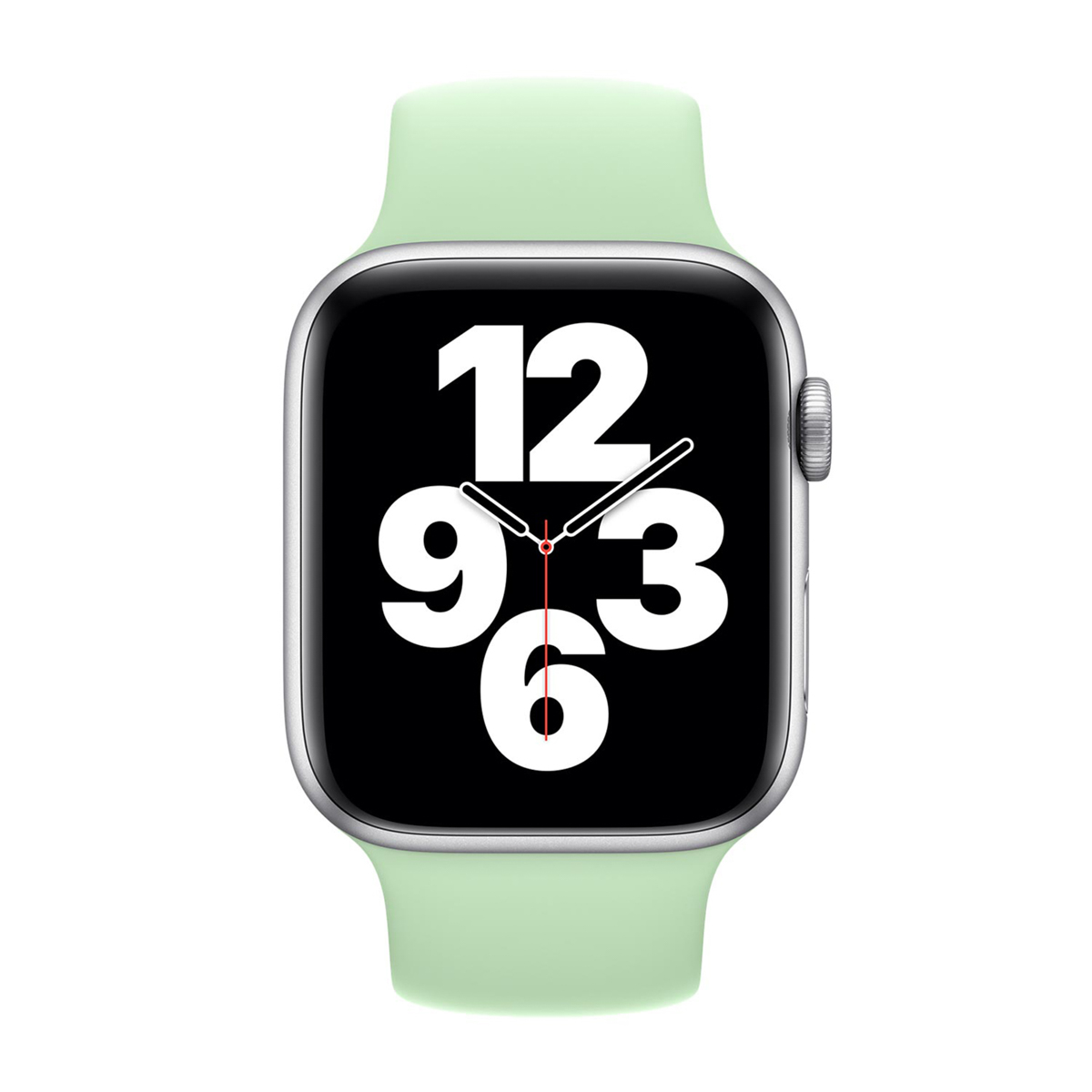 Un Apple Watch con cinturino verde chiaro. Il quadrante è nero con numeri bianchi 12, 9, 3 e 6. Le lancette indicano l'ora.