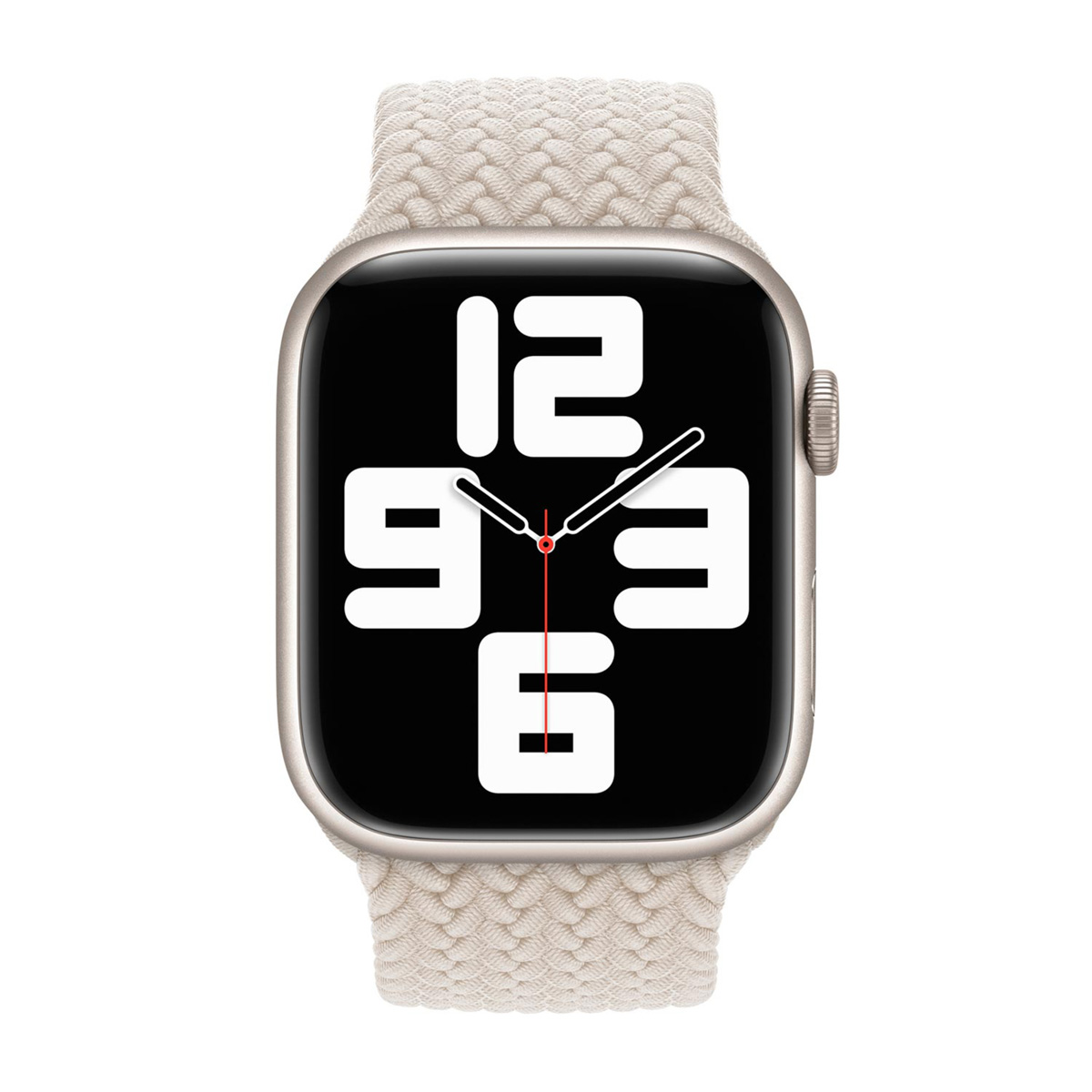 Un Apple Watch beige con schermo nero che mostra l'ora. Il cinturino è intrecciato beige. L'orologio ha numeri bianchi sullo schermo.