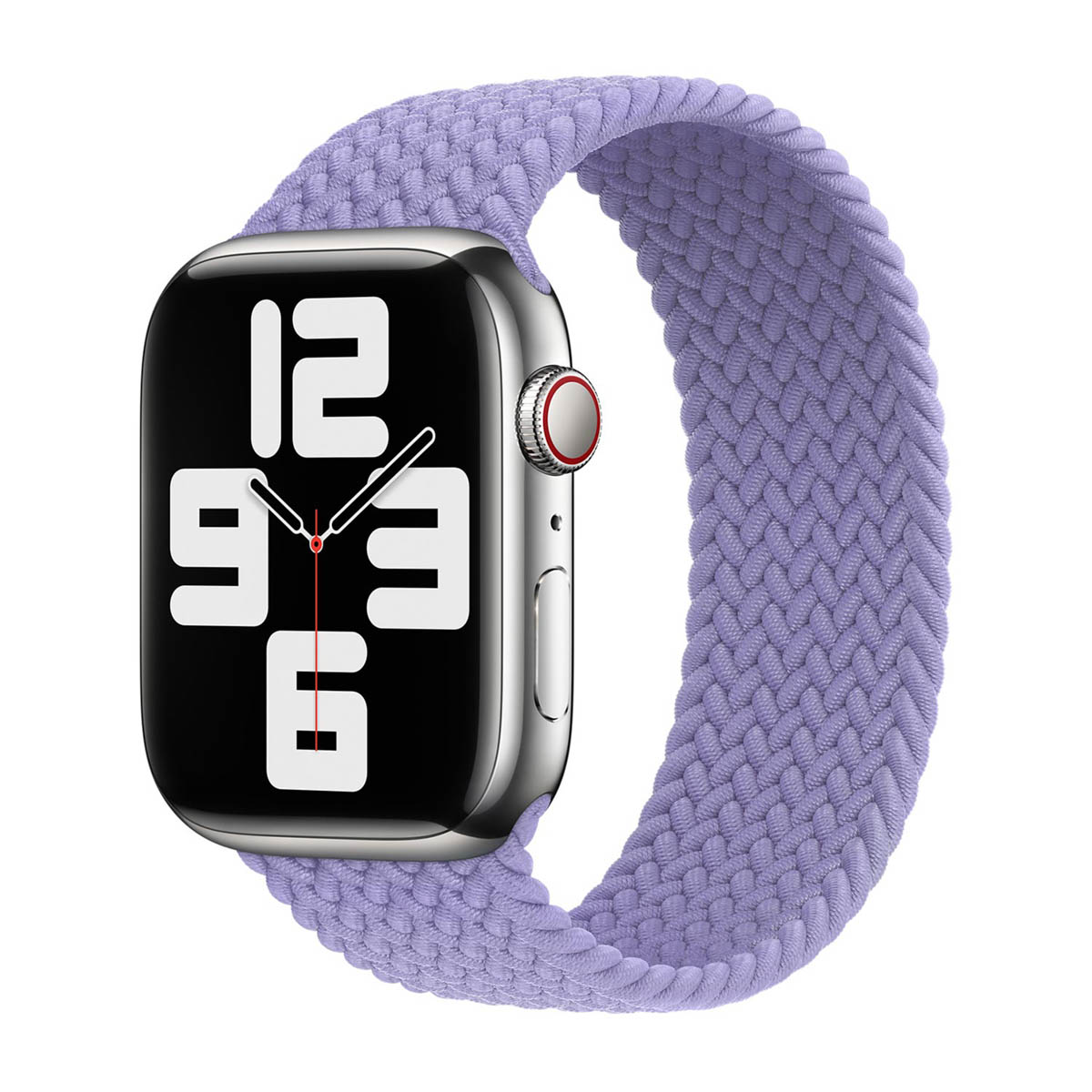 Een zilveren Apple Watch met een lavendelkleurige gevlochten band. De wijzerplaat toont de tijd. De band omsluit de watch.