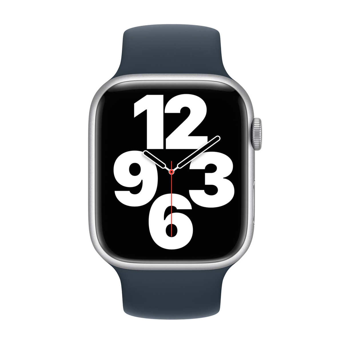 Un Apple Watch argentato con cinturino blu scuro. Il quadrante mostra l'ora, con grandi numeri bianchi su sfondo nero.
