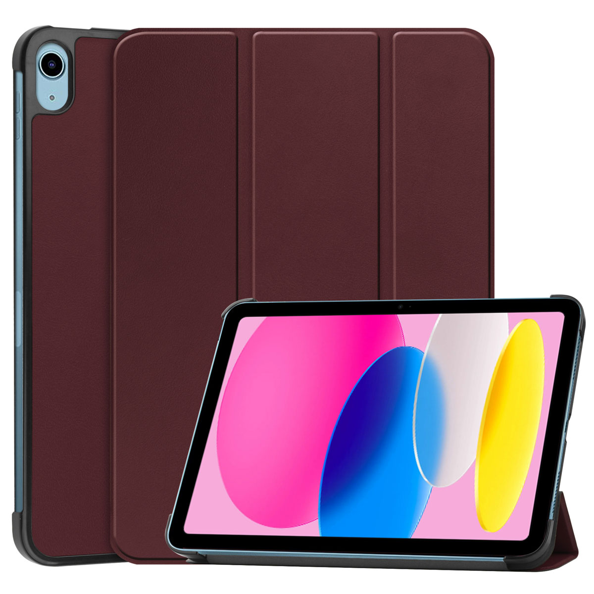 Een iPad met een bordeauxrode hoes wordt weergegeven. Het scherm toont roze, blauwe en gele kleuren. De achtergrond is wit.