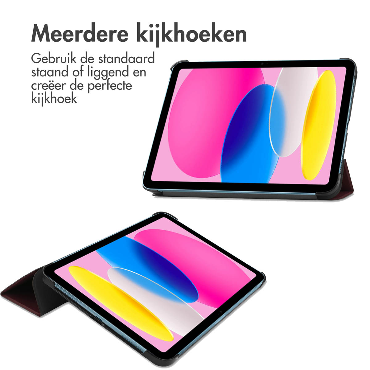 Er worden twee tablets getoond. De schermen tonen kleurrijke abstracte patronen. De bovenste tablet staat schuin, de onderste ligt plat.