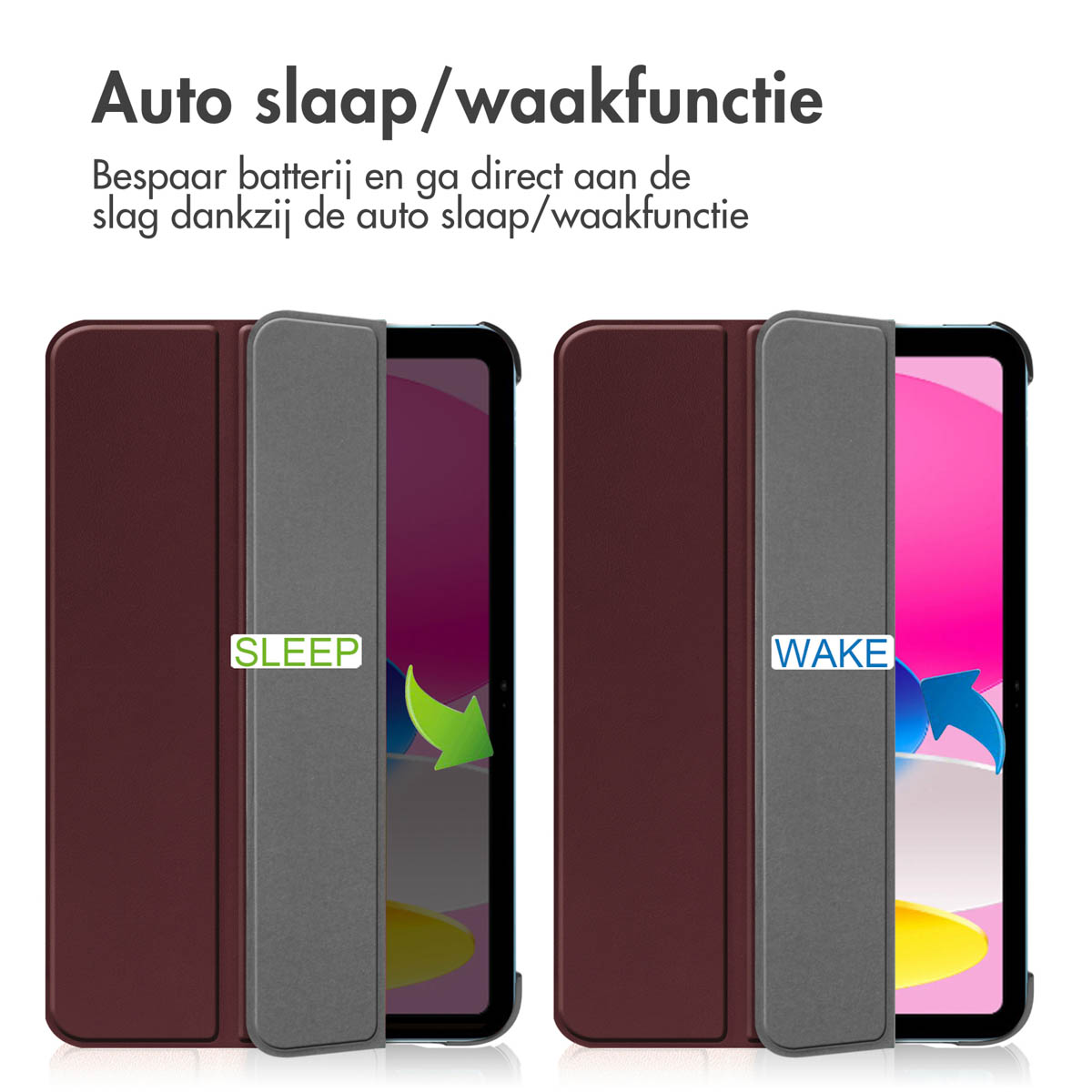Twee tablethoezen, één open met een roze scherm, de andere gesloten. Tekst: 'Sleep' en 'Wake' met pijlen en productbeschrijving.