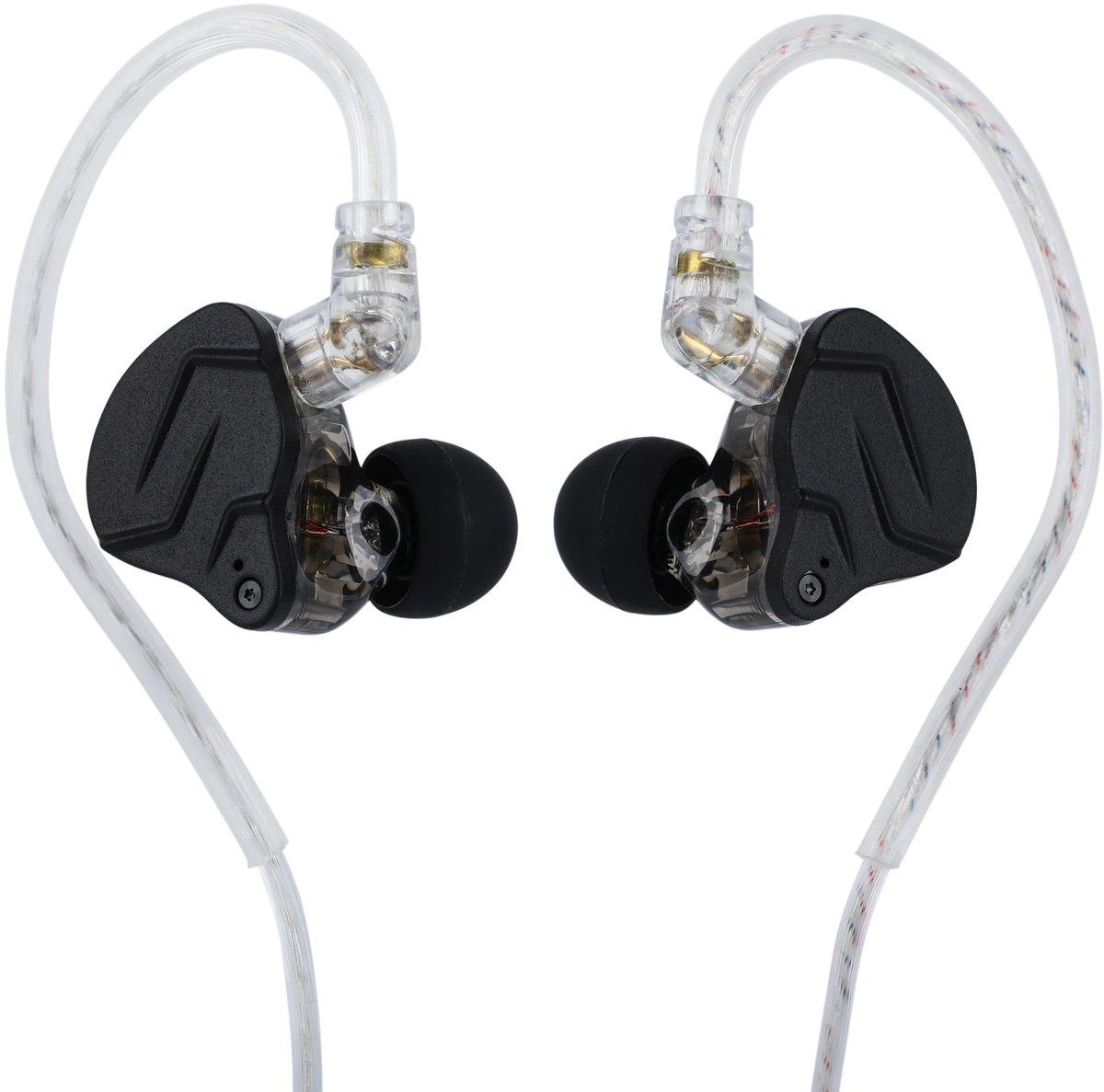 Twee in-ear-hoofdtelefoons met zwarte oordopjes en transparante kabels. De oordopjes hebben zwarte rubberen tips.