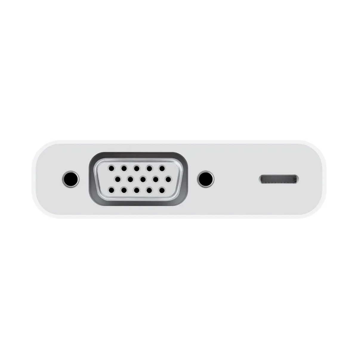 A white adapter with a VGA port, a small black port, and a USB-C port. The VGA port has 15 holes. 