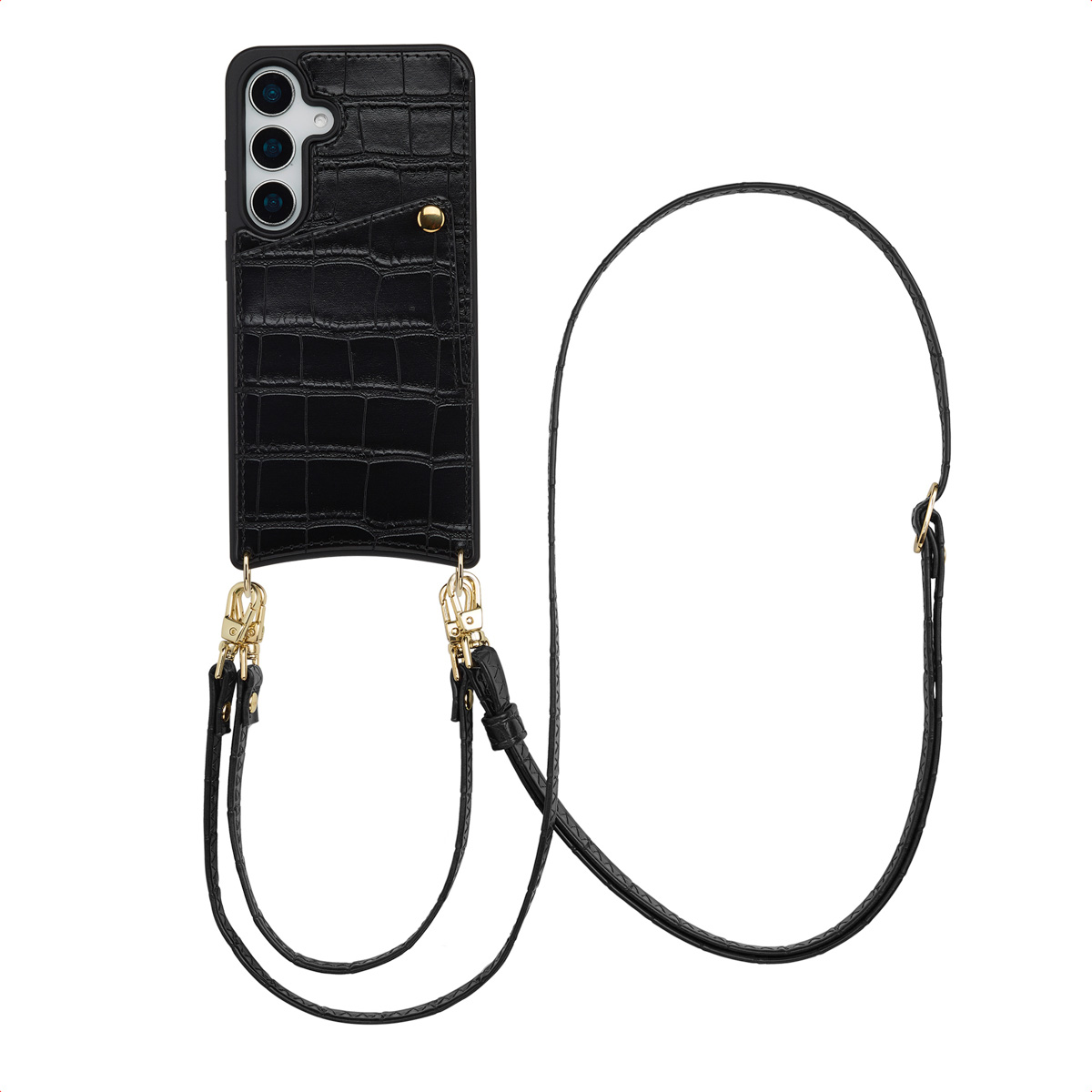 Coque de téléphone noire avec une sangle. L'étui a un motif crocodile et des accents dorés. La sangle est également noire.