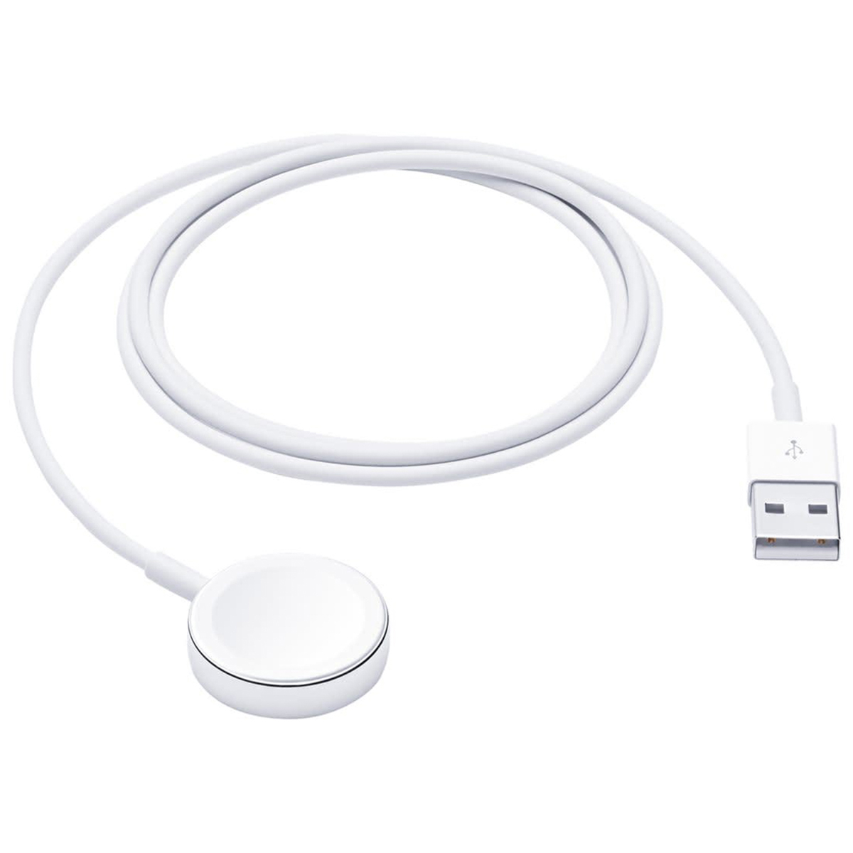 Un câble de chargement blanc pour Apple Watch. Il a un connecteur USB, un disque de chargement et un long câble enroulé.