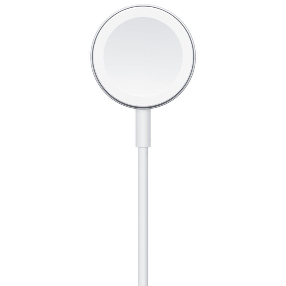 Chargeur blanc Apple Watch avec socle de charge circulaire, bord argenté et câble blanc sur fond blanc.