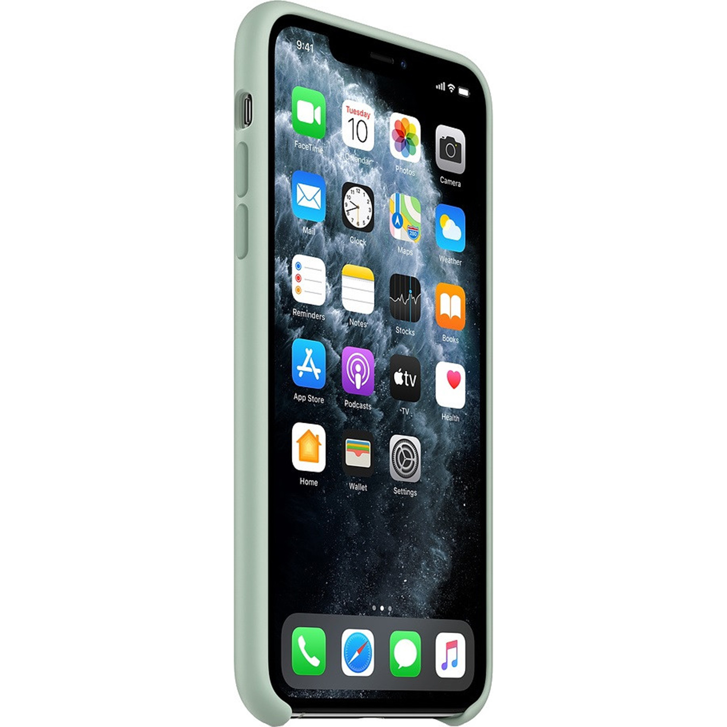 Een iPhone met een groene hoes die het startscherm met app-pictogrammen weergeeft. De tijd is 9:41. App-pictogrammen zijn zichtbaar.