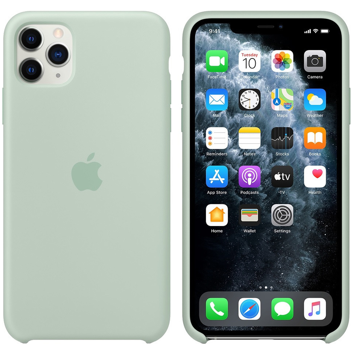 Een iPhone in een lichtgroene hoes met het scherm waarop verschillende app-iconen worden weergegeven. De telefoon staat op een witte achtergrond.