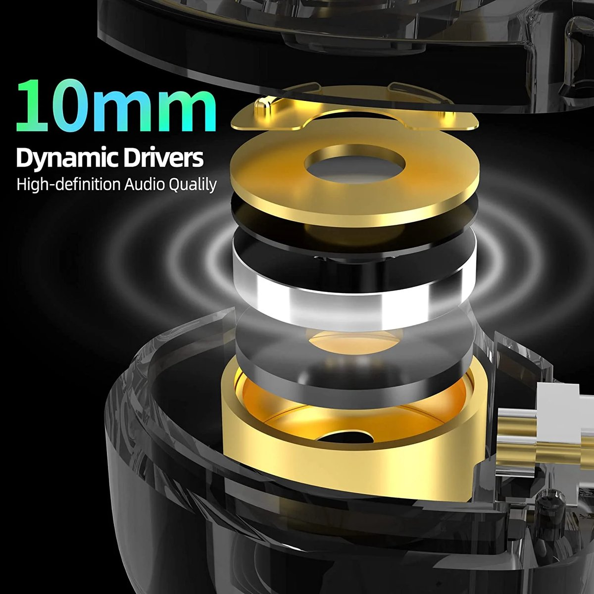 Close-up van oortelefoononderdelen: gouden, zilveren en zwarte schijven. Tekst: 10mm Dynamic Drivers, High-definition Audio Quality.