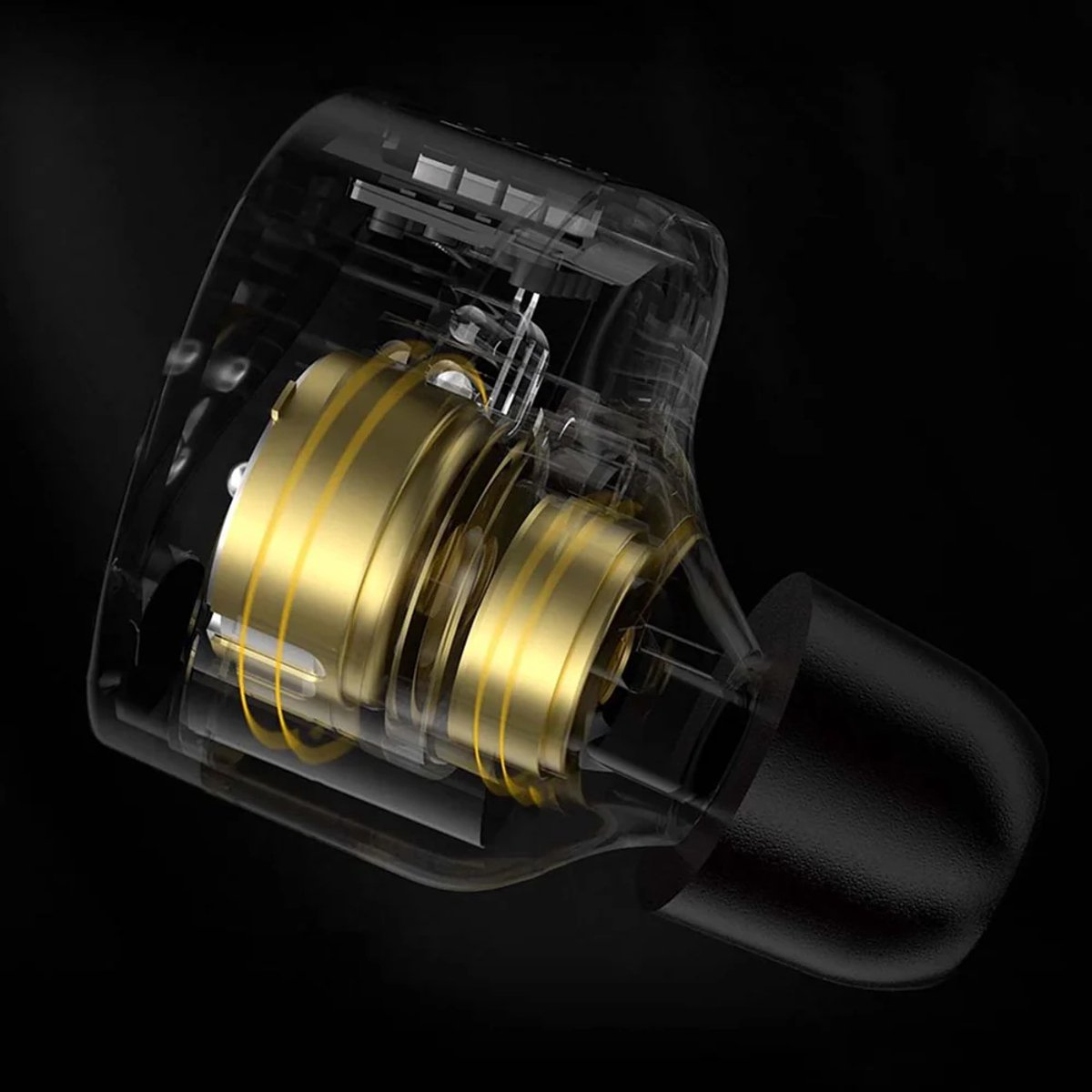 Transparent earbud reveals gold components. A black ear tip is on the right, set against a black background.