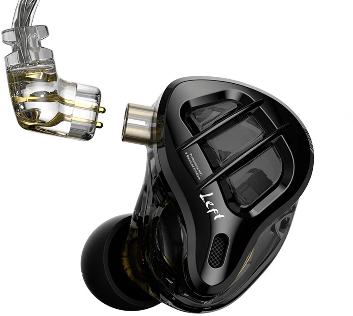 Zwarte en transparante in-ear monitor. De linkeroortelefoon is gelabeld. Een heldere, afneembare kabelconnector is zichtbaar.